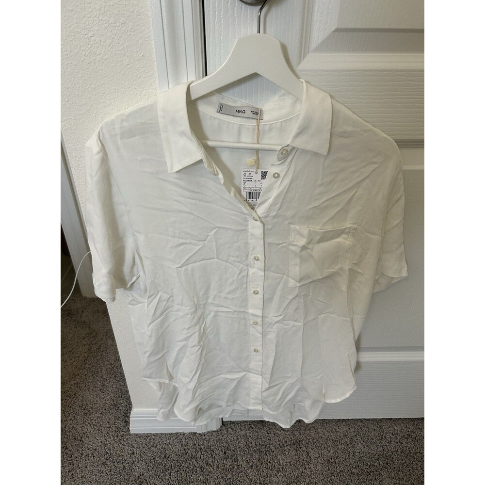 Mango Pocket Oversized Button Front Blouse Short Sleeves White Size 4 New NWT